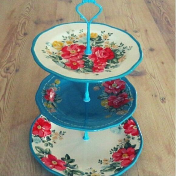 PIONEER WOMAN COLLECTION CUPCAKE DESSERT STAND 3-TIERED VIBRANT FLORAL - Picture 1 of 3